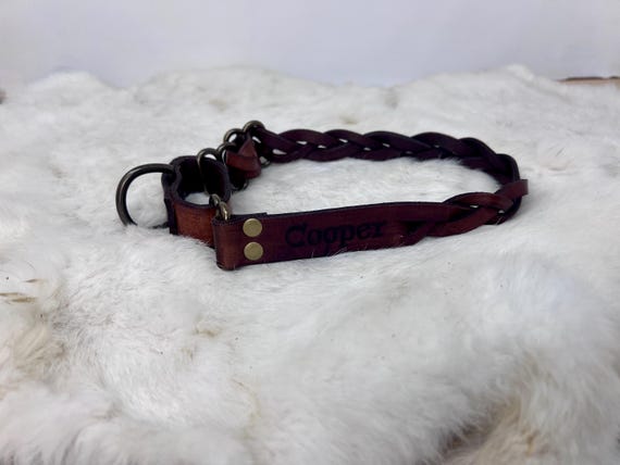 Braided, Personalized 1" Wide Leather Martingale Dog Collar With Optional Name plate