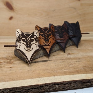 Customizable Leather Wolf Hair Barrette With Real Wood Pin