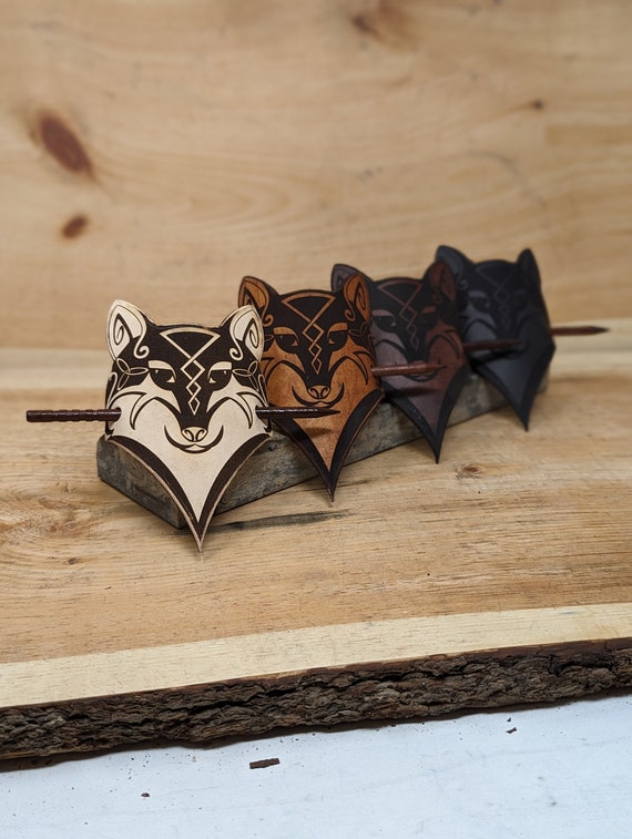 Customizable Leather Wolf Hair Barrette With Real Wood Pin