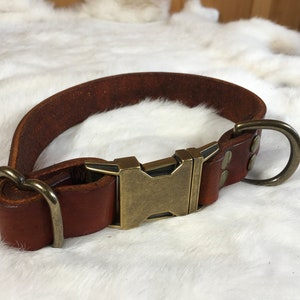 May include: A brown leather dog collar with a metal buckle and a D-ring. The collar is made of thick, sturdy leather and has a classic design. The metal buckle and D-ring are a bronze color.