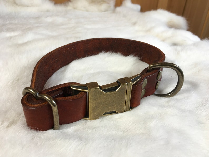 May include: A brown leather dog collar with a metal buckle and a D-ring. The collar is made of thick, sturdy leather and has a classic design. The metal buckle and D-ring are a bronze color.