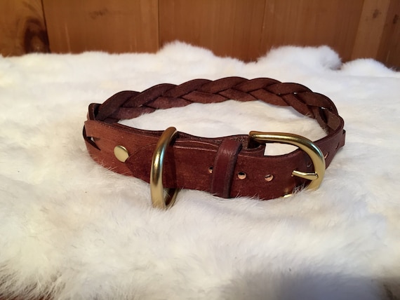 Braided, Personalized 1" Wide Leather Dog Collar With Traditional Buckle With Optional Name plate