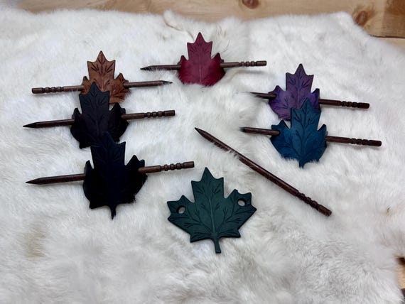 Leather Maple-Leaf Hair Barrette with Wood Pin - Customizable Colors