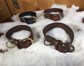 May include: Four leather collars with metal buckles are displayed on a white fur-like surface. Three collars are brown, and one is black. The buckles are either gold or silver in color. The collars appear to be for pets.