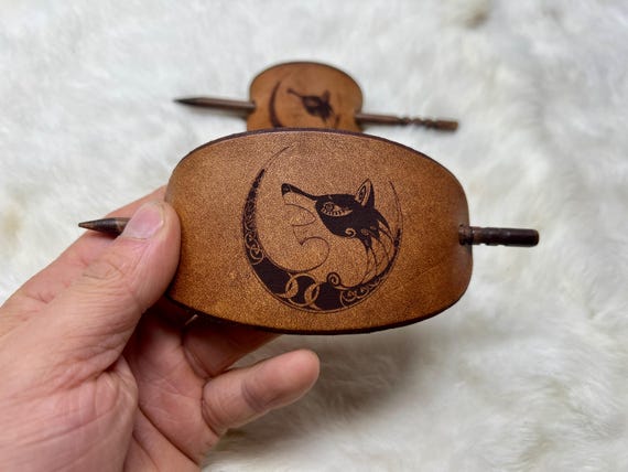 Wolf Howling Crescent Moon Leather Hair Barrette with Wood Pin - Customizable Colors