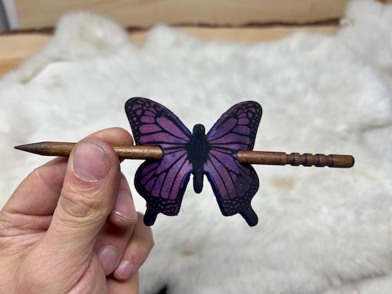 Leather Butterfly Hair Barrette with Wood Pin - Customizable Colors