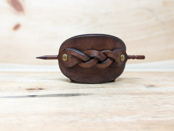 Customizable Oval Genuine Leather Hair Barrette With Braid & Solid Wood Pin