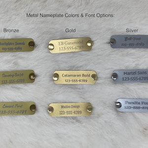 May include: Image showcasing metal nameplate color and font options. Bronze, gold, and silver nameplates are displayed, each with different fonts and text, including phone numbers. The text "Metal Nameplate Colors & Font Options" is visible.