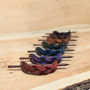 Braided Leather Hair Barrette with Wood Pin - Handmade Cottagecore Accessory