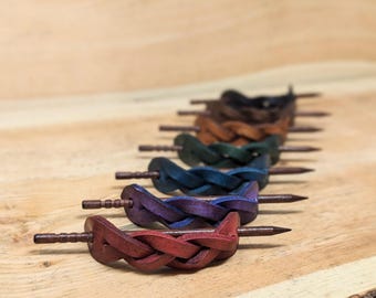 Braided Leather Hair Barrette with Wood Pin - Handmade Cottagecore Accessory