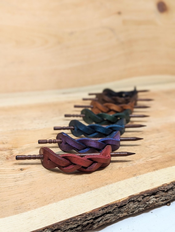 Braided Leather Hair Barrette with Wood Pin - Handmade