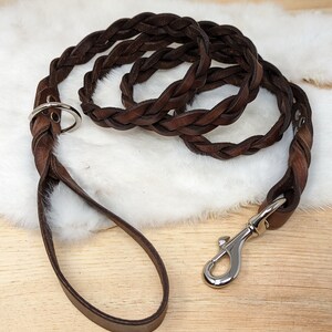 May include: Braided brown leather dog leash with a silver-colored metal clasp and ring. The leash is made of tightly woven leather strands, creating a durable and stylish design. The handle is a simple loop for easy gripping.