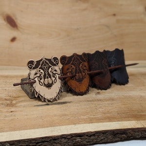 Customizable Leather Bear Hair Barrette With Real Wood Pin