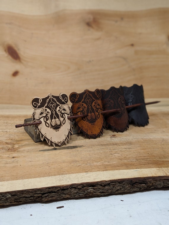 Customizable Leather Bear Hair Barrette With Real Wood Pin