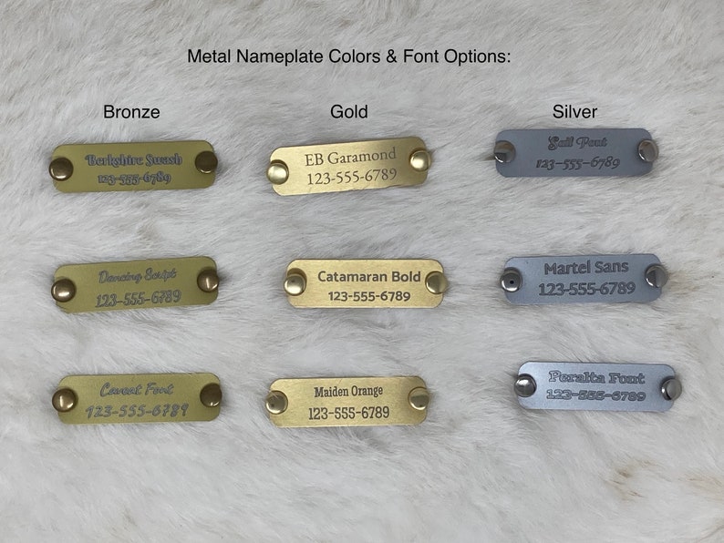May include: Image showcasing metal nameplate color and font options. Bronze, gold, and silver nameplates are displayed, each with different fonts and text, including phone numbers. The text "Metal Nameplate Colors & Font Options" is visible.