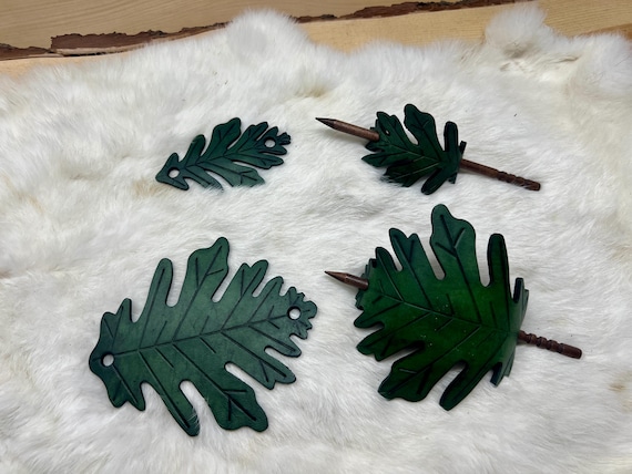 Leather Oak-Leaf Hair Barrette with Wood Pin - Customizable Colors