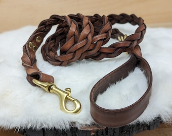 Braided, Personalized Leather Dog Leash With Optional Name plate (Multiple Leather & Metal Colors)