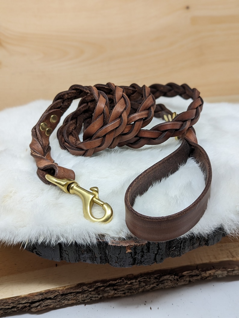 May include: Braided brown leather dog leash with a brass-colored clasp and handle. The leash is made of interwoven strips of leather, creating a textured, durable design. The handle is a simple loop for easy gripping.