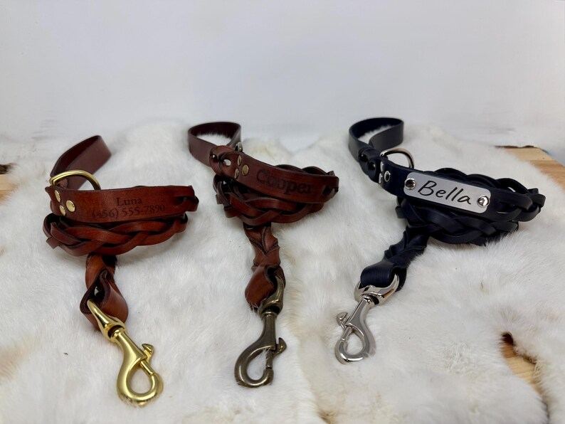 Braided, Personalized Leather Dog Leash With Optional Name plate (Multiple Leather & Metal Colors) image 2