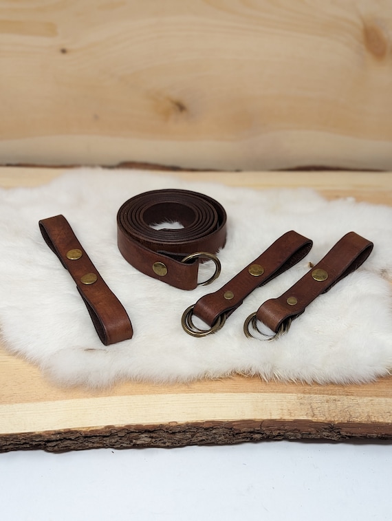 Matching Set of a 1-1/4" Wide Leather Ring Belt, Two Skirt Hikes, And A Tankard Holder (Customize With Your Choice of Leather & Metal Color)
