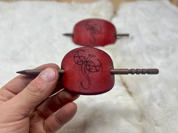 Dragon Engraved Leather Hair Barrette with Wood Pin - Customizable Colors