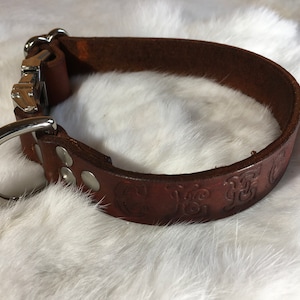 May include: A brown leather dog collar with a silver metal buckle and a D-ring. The collar has decorative embossed patterns and is secured with silver rivets. The collar is shown on a white, fluffy surface.