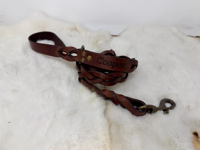 Braided, Personalized Leather Dog Leash With Optional Name plate (Multiple Leather & Metal Colors) image 8