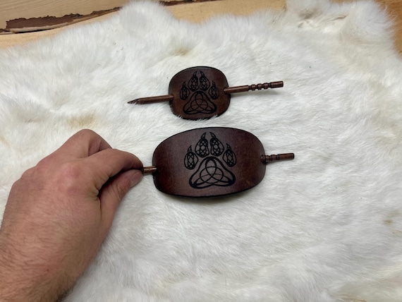 Celtic Wolf Paw-Print Hair Barrette with Wood Pin - Customizable Colors