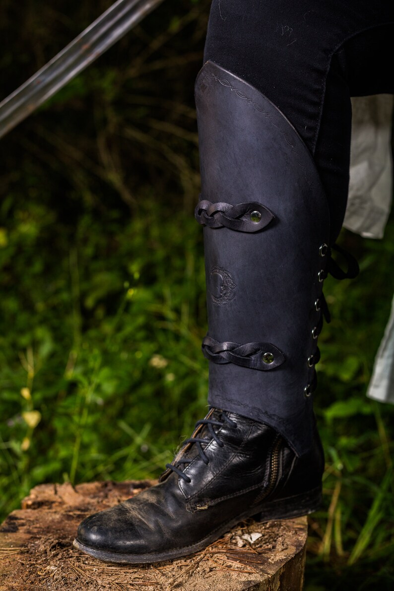 Women's Black Braided Leather Leg Armor Pair greaves Etsy