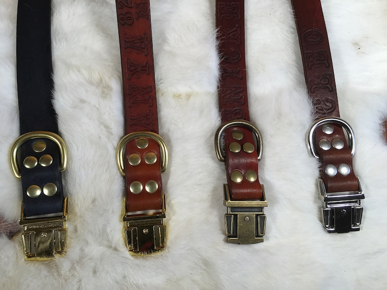 May include: Four leather dog collars in black and brown, each with a metal buckle and D-ring. The brown collars have embossed text. The collars are displayed on a white, fluffy surface.