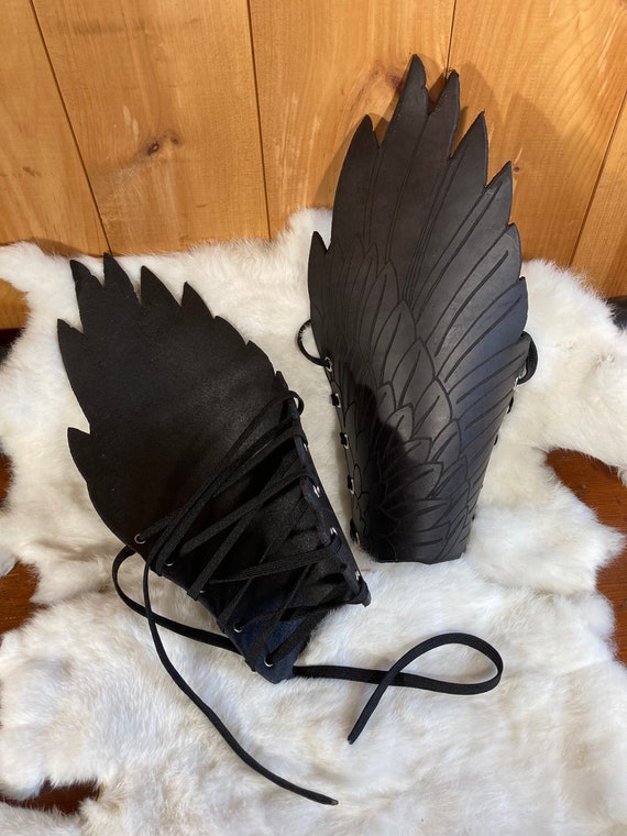 Large Raven Wing Leather Leg Armor (Greaves/Shin guards) (Customize Your Pair With Your Choice of Multiple Leather And Metal Colors)