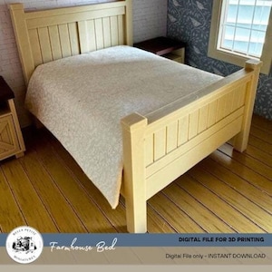 May include: A farmhouse style bed with a white bedspread, designed for 3D printing. The bed is made of wood and has a simple design.