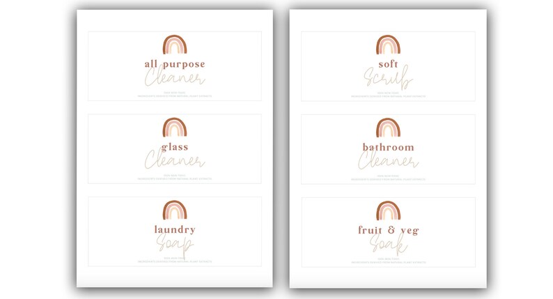Pode incluir: Etiquetas imprim&iacute;veis com um design de arco-&iacute;ris e texto para diferentes produtos de limpeza e lavandaria. As etiquetas incluem "limpador multiuso", "limpador de vidro", "sab&atilde;o de lavandaria", "esfrega suave", "limpador de casa de banho" e "sab&atilde;o para frutas e vegetais".