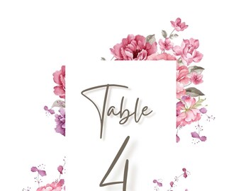 Peony Rose Pink Flower Watercolour Printable Table Numbers Wedding 5x7" Printable Table Numbers 1-20 - INSTANT DOWNLOAD