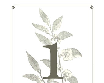 Simple Grey Flower Leaves with Frame detail Wedding 5x7" Printable Table Numbers 1-20 - INSTANT DOWNLOAD