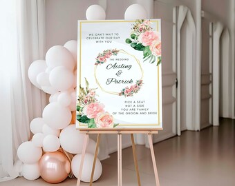 Welcome Wedding Sign - Blush Pink Roses - Personalised - A2 Wedding Sign