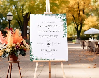 Welcome Wedding A2 Sign - Green Leaves Clean Modern - Personalised