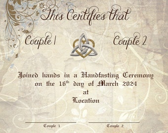 Handfasting Blessing Certificate with Signatures - Personalised - A4