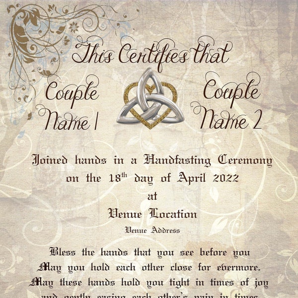 Handfasting Blessing Certificate - Personalised - A4