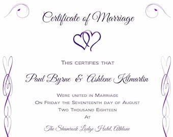 Cadbury Purple Heart Vibes Wedding Marriage Certificate - Personalised - A3