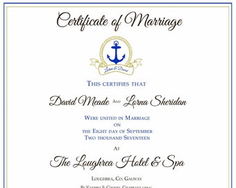 Nautical Gold Wedding Marriage Certificate - Personalised - A3