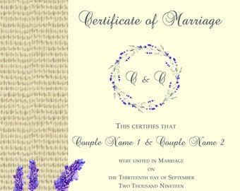 Lavender and Burlap Wedding Marriage Certificate - Personalised - A3