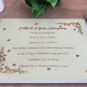 Certificado de nombre para bebé - Personalizado - Temática rosa - Mariposas