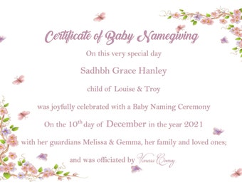 Baby Naming Certificate - Personalised - Pink themed - Butterflies