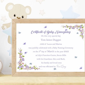 Certificado de nombre para bebé - Personalizado - Temática azul - Bebé niño - Mariposas