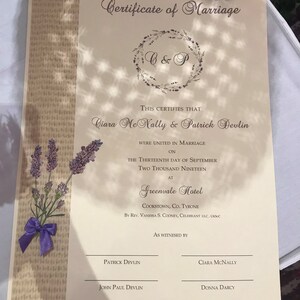 Lavendel und Sackleinen Hochzeit Heiratsurkunde - Personalisiert - A3