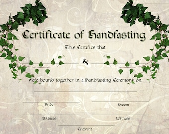 Printable Green Ivy Handfasting Certificate - Celtic - Pagan )0( - with Background - New 2017 Option 3 - Bride and Groom
