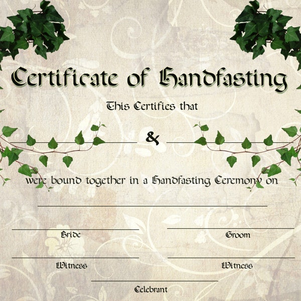 Green Ivy Handfasting Certificate - Celtic - Pagan )0( - with Background -  Option 3 - Bride and Groom