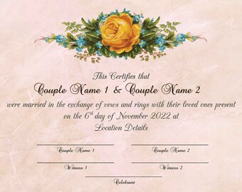 Wedding Certificate - Personalised - Pink themed - Gold Rose Forget Me Knot Flowers