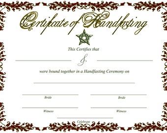 Rust Red Handfasting Certificate - Celtic  Pagan Theme - Bride and Bride